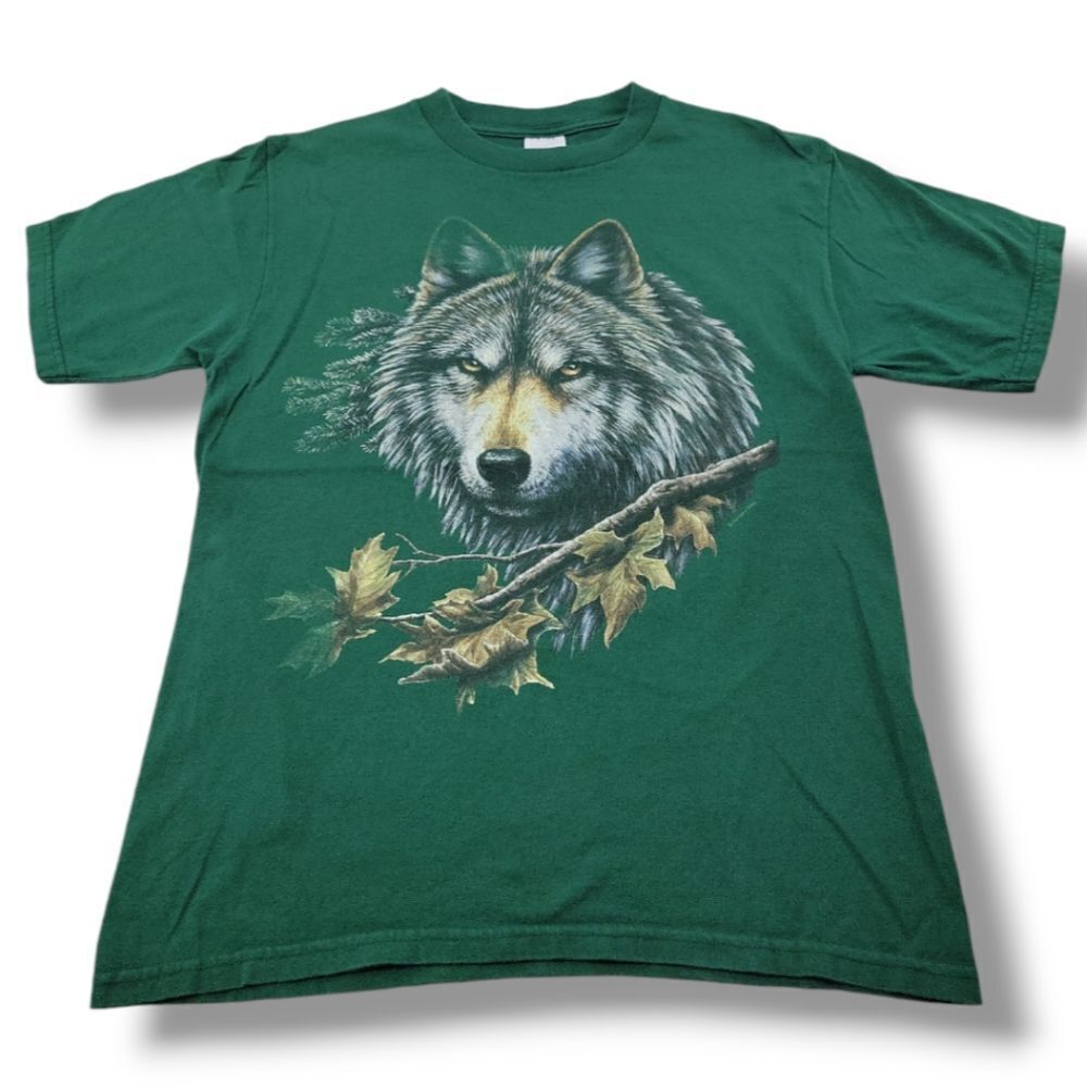 90s Vintage Anvil Shirt Size Medium Nature Tee Wolf Graphic Print T-Shirt Green